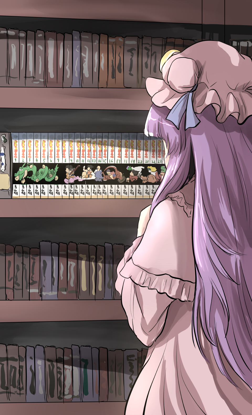 1girl blue_ribbon book bookshelf capelet character_request commentary crescent crescent_hat_ornament dragon_ball from_behind hat hat_ornament hat_ribbon highres library long_hair manga_(object) mob_cap namiki_(remiter00) patchouli_knowledge purple_hair ribbon robe shenron_(dragon_ball) solo son_goku touhou very_long_hair