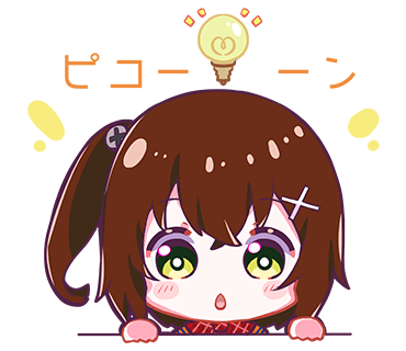 1girl :o blush bright_pupils brown_hair chibi denonbu green_eyes hair_ornament hidaka_reina_(denonbu) light_bulb looking_at_viewer lowres nonkomu_(furiten5553) official_art open_mouth outline portrait side_ponytail solo straight-on translation_request transparent_background upper_body white_outline white_pupils x_hair_ornament