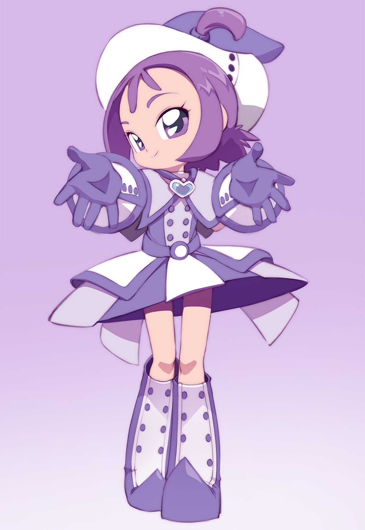 1girl bleedman boots capelet dress full_body gloves gradient_background hat heart heart_necklace highres hug incoming_hug jewelry knee_boots magical_girl necklace ojamajo_doremi one_side_up outstretched_arms pointy_footwear purple_background purple_capelet purple_dress purple_footwear purple_gloves purple_hair purple_headwear segawa_onpu smile solo violet_eyes white_background witch_hat
