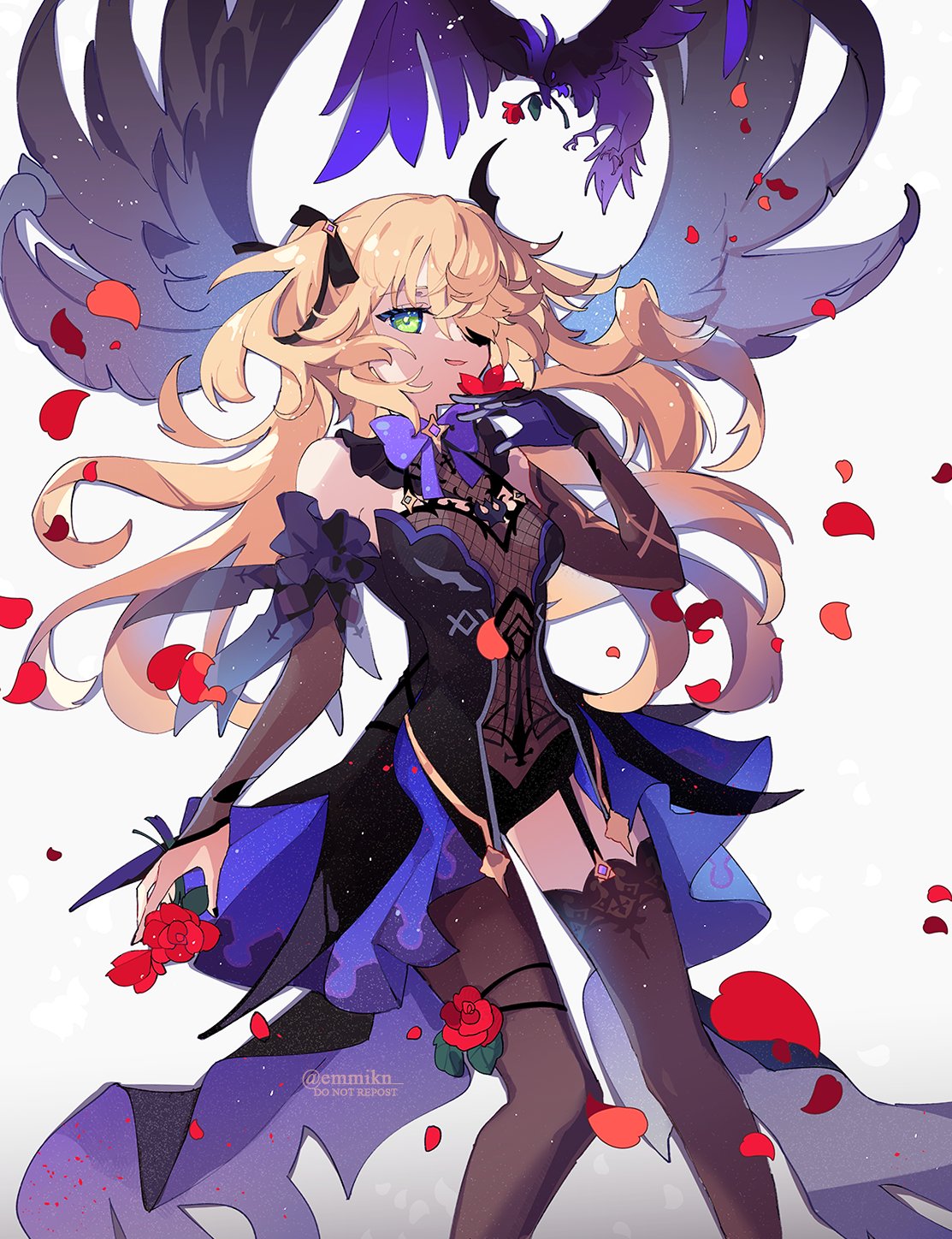 1girl black_nails blonde_hair bow bowtie bridal_gauntlets emmikn eyepatch falling_petals fischl_(genshin_impact) flower garter_straps genshin_impact gloves green_eyes hand_up highres holding holding_flower leotard long_hair open_mouth petals red_flower simple_background single_glove sleeveless solo thigh-highs twintails white_background