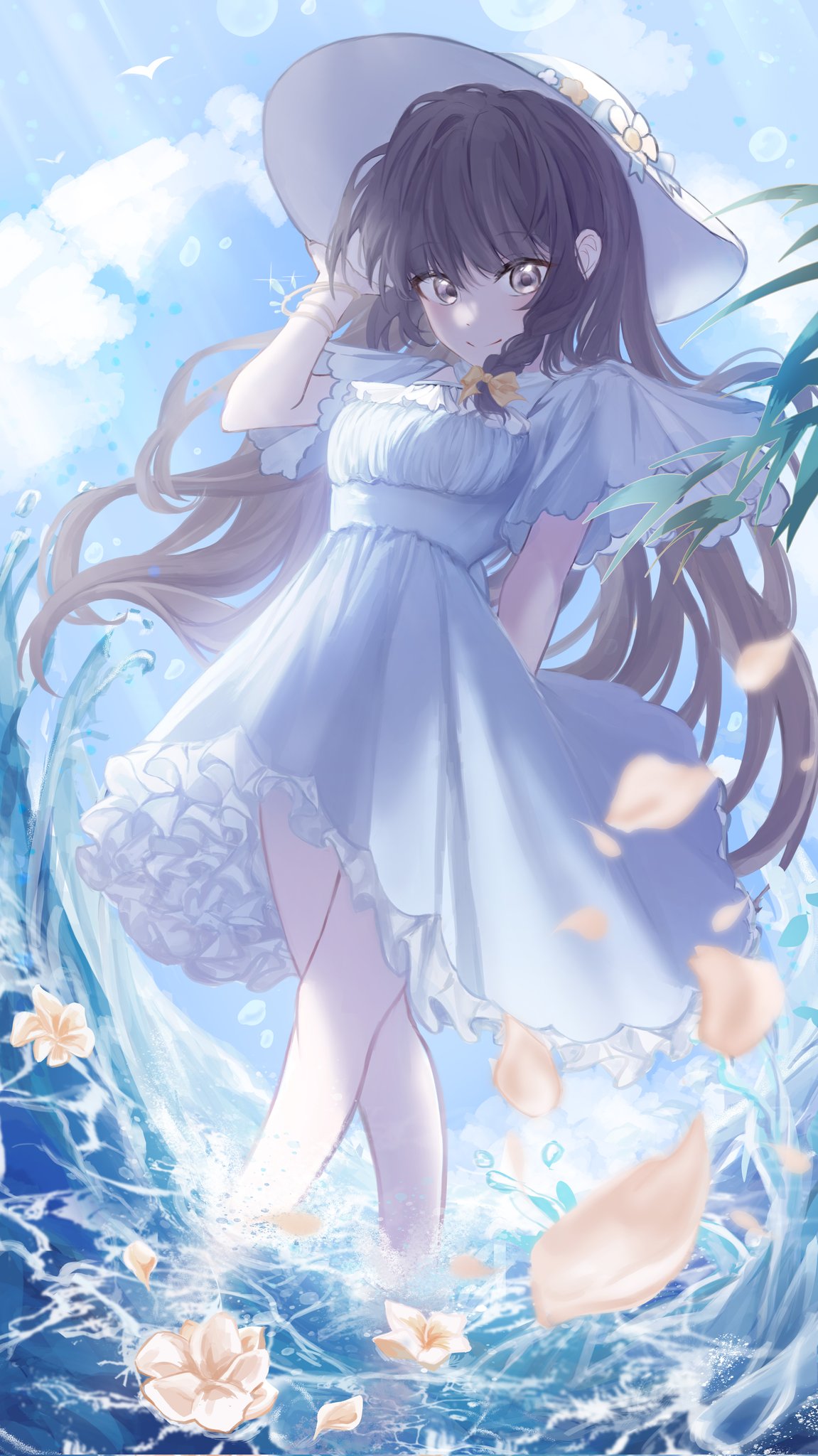 1girl arm_behind_back black_hair blunt_bangs bow bracelet braid closed_mouth clouds day dress falling_petals feet_out_of_frame flower frilled_dress frills from_below hair_bow hand_on_headwear hat hat_flower heroine_(lovebrush_chronicles) highres jewelry long_hair looking_at_viewer looking_down lovebrush_chronicles ocean petals plant ran_78 short_sleeves side_braid smile solo standing sun_hat sundress sunlight violet_eyes wading water white_dress white_headwear yellow_bow yellow_flower