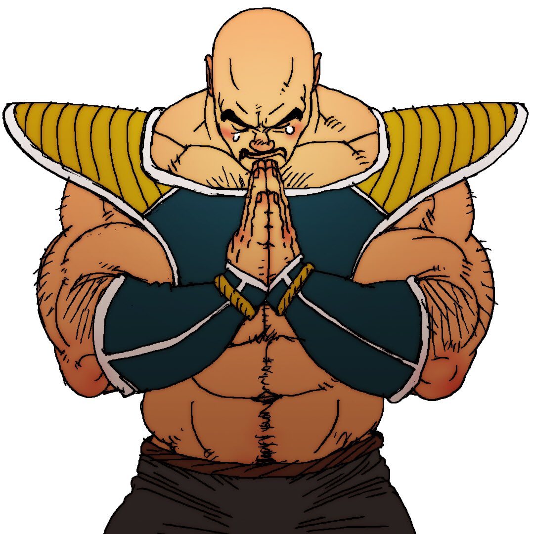 1boy abs arm_hair bald black_pants closed_eyes closed_mouth commentary dragon_ball dragon_ball_z facial_hair jiraiya_(mangaka) male_focus midriff muscular muscular_male mustache nappa pants praying shoulder_pads simple_background solo solo_focus tears white_background