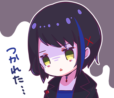 1girl bags_under_eyes black_hair black_jacket blue_hair chibi denonbu exhausted green_eyes hair_ornament jacket looking_at_viewer lowres mole mole_under_eye multicolored_hair nonkomu_(furiten5553) official_art open_mouth outline seto_mitsuki_(denonbu) shaded_face short_hair solo streaked_hair translated transparent_background triangle_mouth upper_body white_outline x_hair_ornament