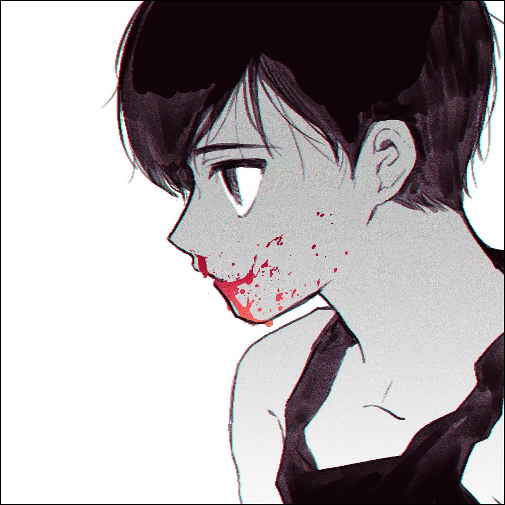 1boy black_eyes black_hair black_tank_top blood blood_on_face blood_on_mouth closed_mouth collarbone colored_skin expressionless from_side hair_behind_ear no_pupils omori omori_(omori) ryaa1234 short_hair solo tank_top white_background white_skin