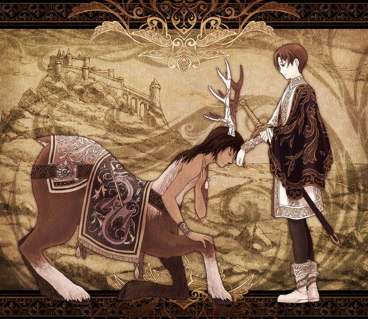 2boys ankle_boots antlers black_hair black_pantyhose body_fur boots bowing brown_fur brown_hair building carpet centauroid cloak closed_eyes dark-skinned_male dark_skin deer_boy embroidery full_body hand_on_own_chest hand_on_own_knee hand_up hill holding holding_sword holding_weapon horns letterboxed long_sleeves male_focus multiple_boys on_one_knee original outdoors pale_skin pantyhose profile robe sheath sheathed short_hair standing sword tassel taur topless_male watari_taichi weapon white_footwear white_fur white_robe wide_sleeves wristband