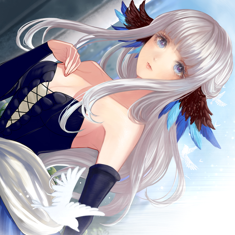 1girl bare_shoulders bird blue_eyes blunt_bangs breasts colored_eyelashes cross-laced_clothes cross-laced_dress dress facing_viewer feathered_wings gwendolyn_(odin_sphere) hand_on_own_chest head_wings ich. light_smile lips long_hair looking_at_viewer medium_breasts multicolored_wings multiple_wings no_choker odin_sphere pink_lips sideboob sleeveless sleeveless_dress solo strapless strapless_dress white_bird white_hair wings