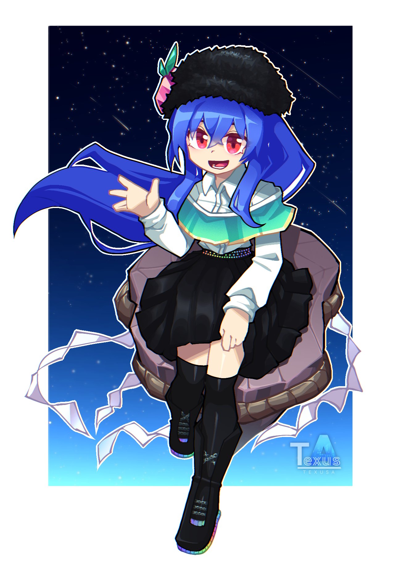 1girl :d alternate_costume artist_logo artist_name black_footwear black_headwear black_skirt black_thighhighs blue_hair boots collared_shirt commentary commission crossed_bangs english_commentary full_body fur_hat hand_up hat highres hinanawi_tenshi keystone long_hair long_sleeves looking_at_viewer open_mouth pleated_skirt red_eyes shide shirt sitting skirt sky smile solo star_(sky) starry_sky texusa1 thigh-highs touhou very_long_hair waving white_shirt