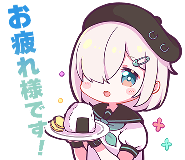 1girl :d beret black_headwear black_sailor_collar blue_eyes blue_neckerchief blush chibi denonbu food grey_hair hair_over_one_eye hands_up hat holding holding_plate looking_at_viewer lowres minakami_hina neckerchief nonkomu_(furiten5553) official_art onigiri open_mouth outline plate puffy_short_sleeves puffy_sleeves sailor_collar shirt short_hair short_sleeves smile solo translation_request transparent_background upper_body white_outline white_shirt