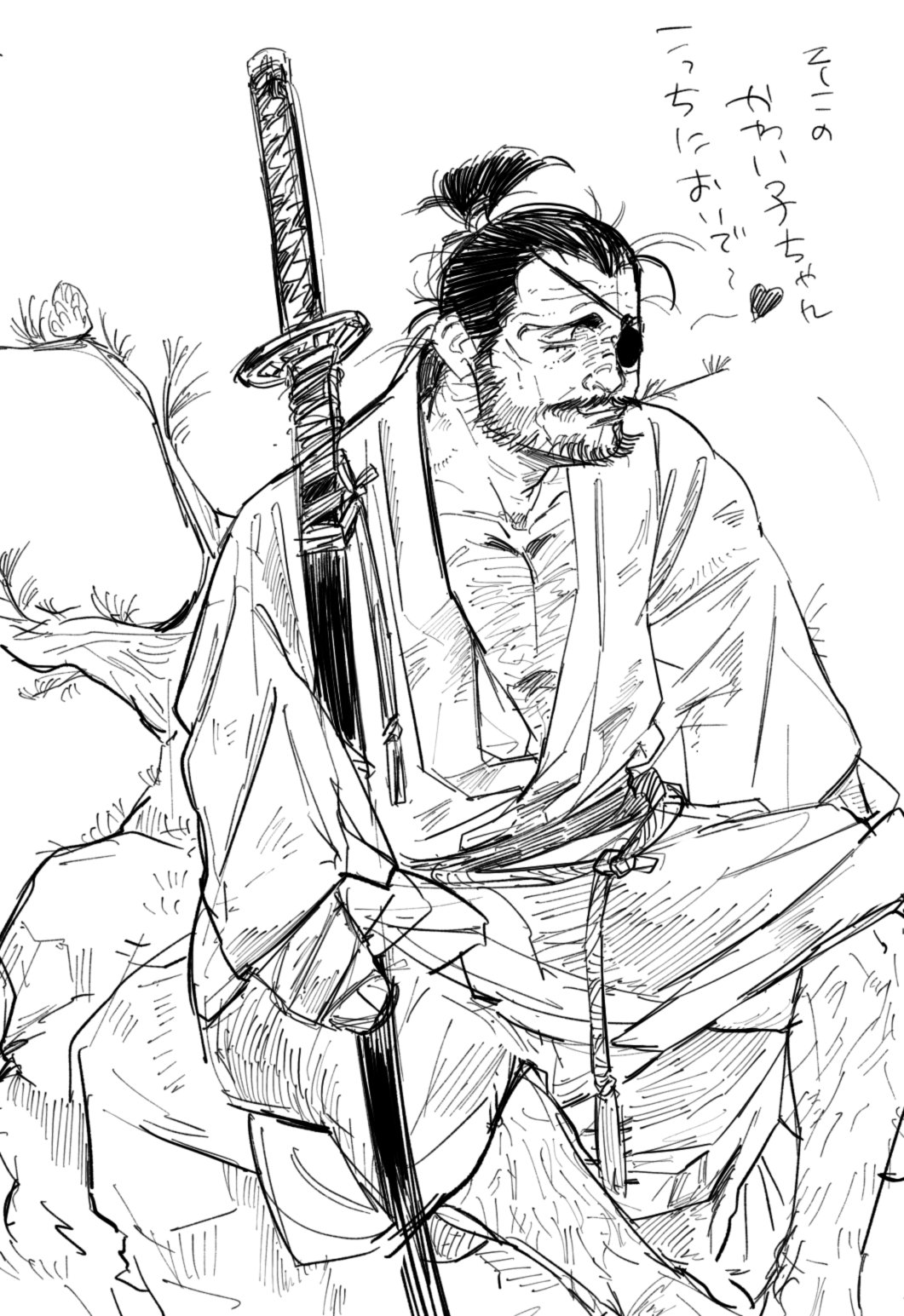1boy am_pokeball99 beard_stubble character_request eyepatch facial_hair feet_out_of_frame greyscale hairy highres japanese_clothes katana kimono male_focus mature_male monochrome mouth_hold nonamethanks_is_a_faggot okiba_(hoxq9axtnhp3uc9) pectoral_cleavage pectorals ronin short_ponytail sketch solo stalk_in_mouth stubble sword thick_chest_hair thick_eyebrows thick_leg_hair translation_request weapon