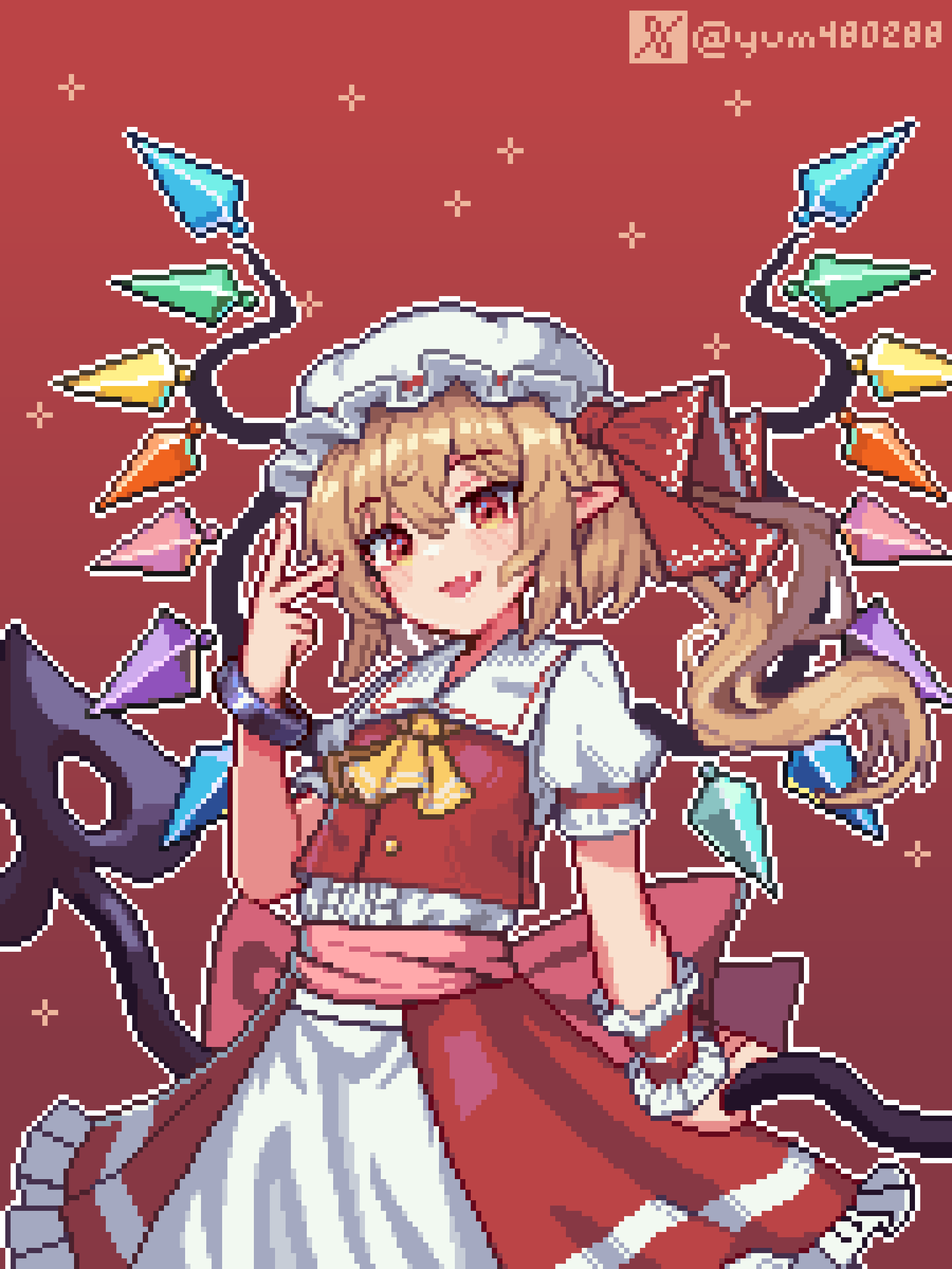 1girl absurdres blonde_hair bracelet fang flandre_scarlet hat highres holding holding_staff jewelry looking_at_viewer mob_cap pixel_art pointy_ears red_background red_eyes red_shirt red_skirt ribbon shirt skin_fang skirt solo staff touhou twitter_username twitter_x_logo upper_body v vampire white_headwear white_shirt yellow_ribbon yum4802888