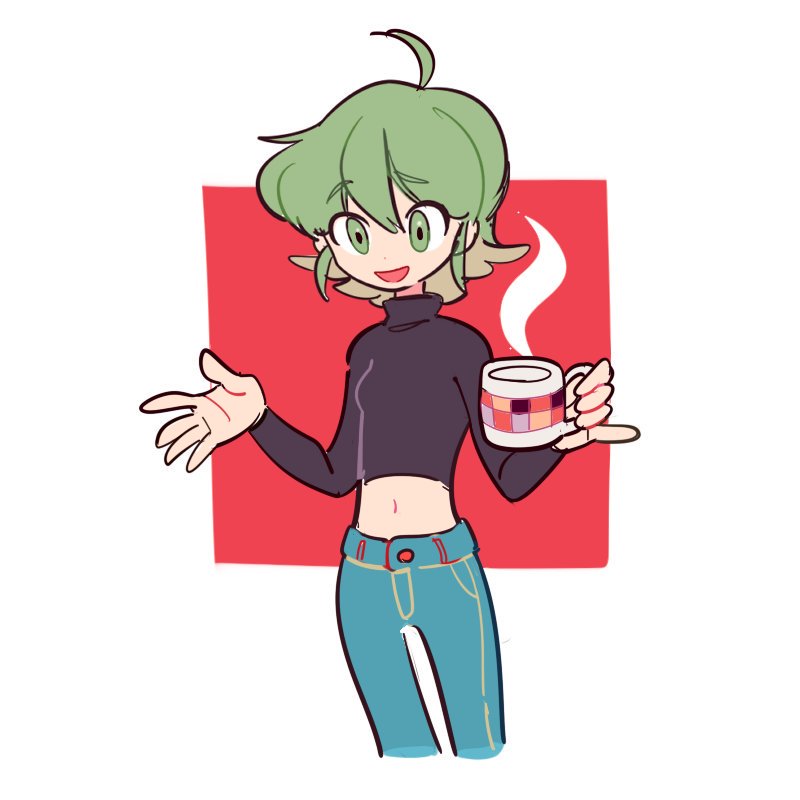 1girl ahoge black_shirt black_sleeves blue_pants buttons commentary cropped_legs cup dated_commentary denim dolman_(dm) eyelashes green_eyes green_hair holding holding_cup jeans long_sleeves looking_ahead midriff mug navel open_mouth original outstretched_hand pants pocket shirt short_hair simple_background smile solo square steam turtleneck_shirt white_background