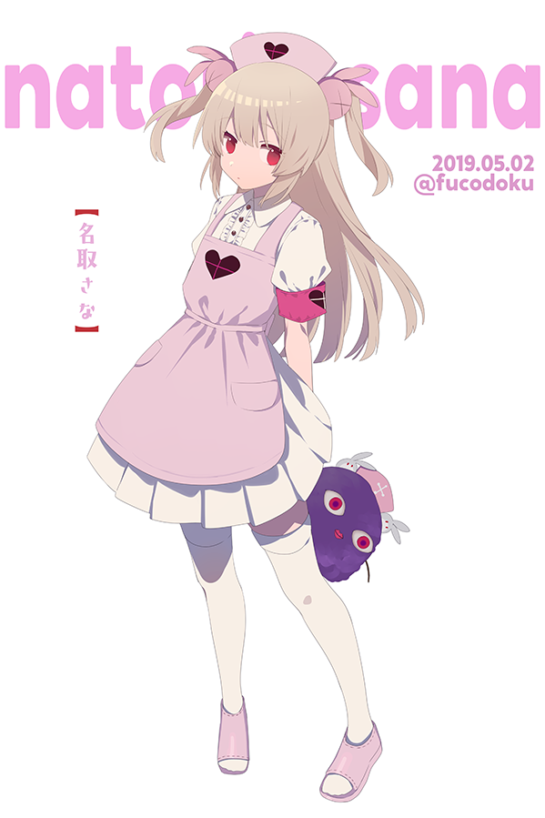 1girl apron artist_name buttons character_name closed_mouth collared_shirt dated dress frills fucodoku full_body hair_between_eyes hair_ornament hat heart heart_print holding holding_stuffed_toy light_brown_hair long_hair looking_at_viewer natori_sana nurse_cap pink_apron pink_footwear pink_headwear pocket puffy_short_sleeves puffy_sleeves rabbit_hair_ornament red_eyes sana_channel sandals shirt short_sleeves sidelocks simple_background solo standing stuffed_toy thigh-highs two_side_up white_background white_dress white_thighhighs