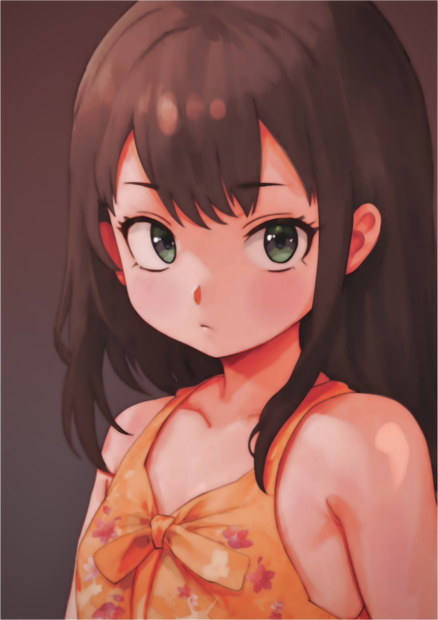 1girl bad_id bad_twitter_id black_hair character_request closed_mouth collarbone copyright_request dress expressionless floral_print gradient_background green_eyes grey_background highres looking_at_viewer moujuu_mochan orange_dress portrait sleeveless solo upper_body