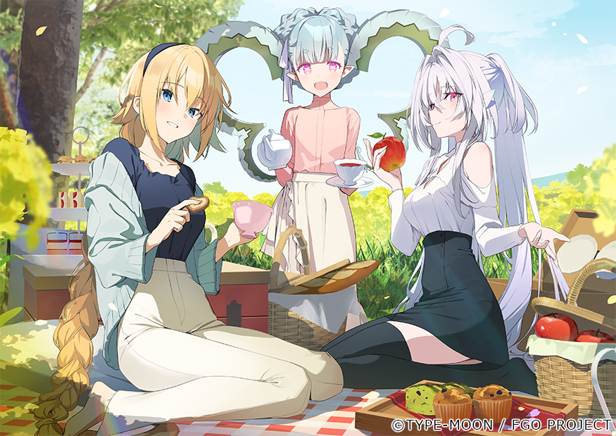3girls ahoge akinashi_yuu alternate_costume apple blonde_hair blue_eyes closed_mouth cup day fate/grand_order fate_(series) food fruit holding holding_cup horns jeanne_d'arc_(fate) larva_tiamat_(fate) long_hair merlin_(fate/prototype) multiple_girls open_mouth outdoors pants picnic picnic_basket pink_eyes shirt_tucked_in sitting skirt smile star-shaped_pupils star_(symbol) symbol-shaped_pupils teacup tiamat_(fate) watermark white_hair