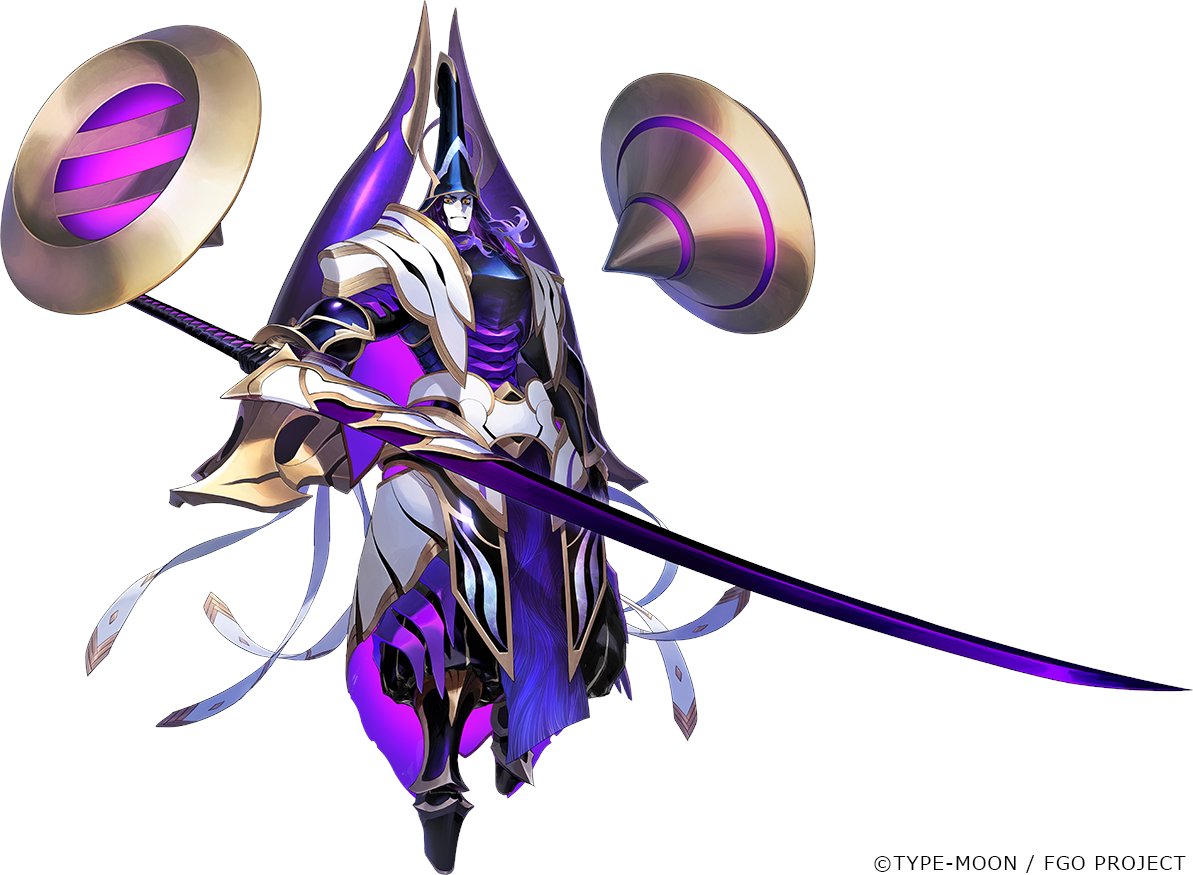 1boy armor black_headwear colored_skin fake_horns fate/grand_order fate_(series) floating full_body grimace helmet horned_helmet horns imagawa_yoshimoto_(fate) japanese_armor levitation long_hair long_sword looking_at_viewer male_focus nakuta official_art purple_hair solo white_background white_skin yellow_eyes