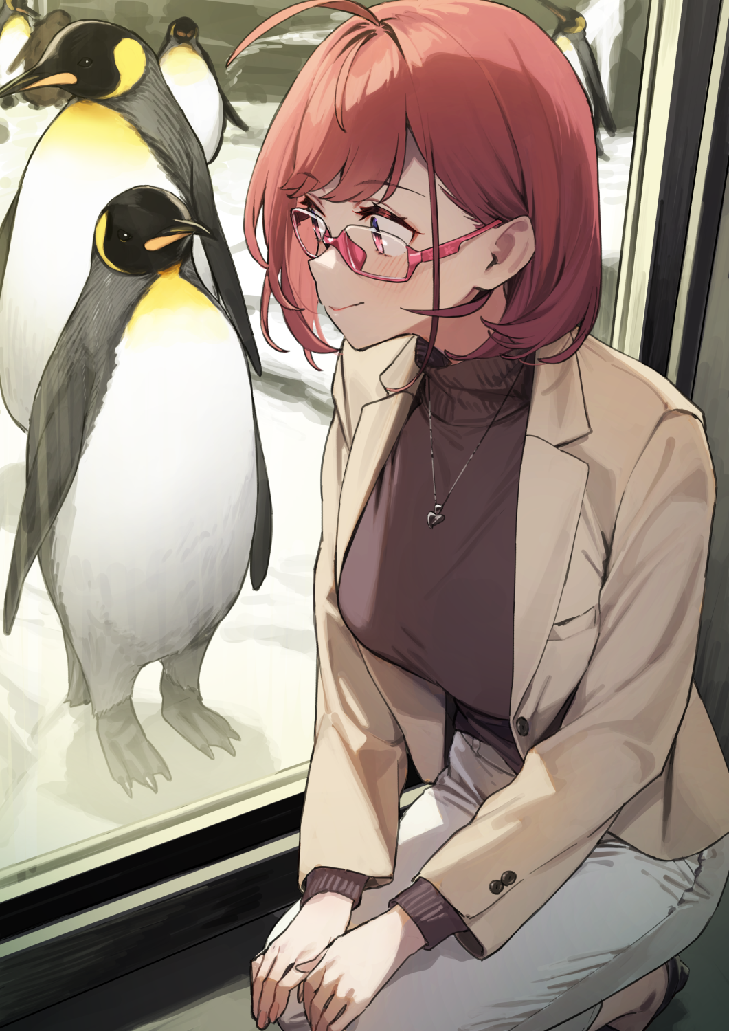 1girl 92m ahoge animal bird breasts brown_sweater commentary_request glasses highres jacket jewelry kinshi_no_ane large_breasts long_sleeves necklace original pants penguin pink-framed_eyewear redhead semi-rimless_eyewear short_hair smile solo squatting sweater turtleneck turtleneck_sweater under-rim_eyewear white_jacket white_pants