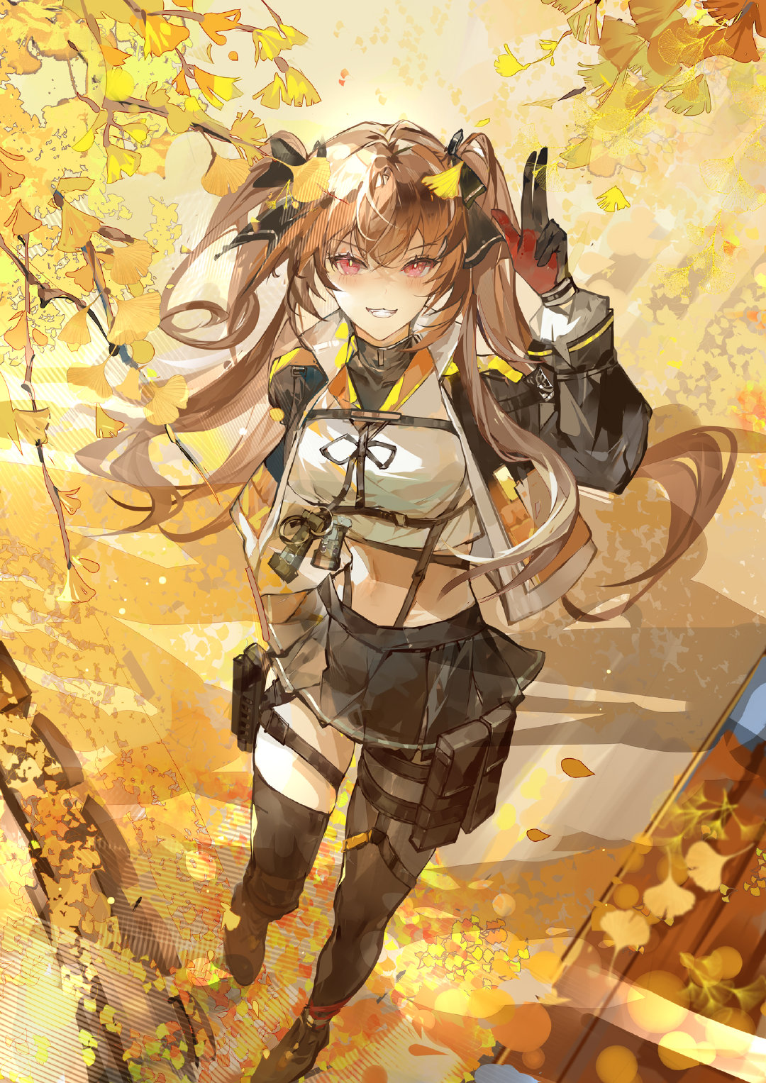 1girl autumn_leaves black_bow black_footwear black_pantyhose black_skirt black_thighhighs bow brown_hair falling_leaves from_above full_body ginkgo_leaf ginkgo_tree girls'_frontline_2:_exilium girls_frontline grin hair_bow hand_up highres leaf looking_at_viewer miniskirt navel pantyhose pleated_skirt red_eyes shirt single_leg_pantyhose single_thighhigh skirt smile solo standing standing_on_one_leg stomach suspender_skirt suspenders tang_qi_zang teeth thigh-highs thigh_pouch two_side_up ump9_(girls'_frontline) w white_shirt yellow_background