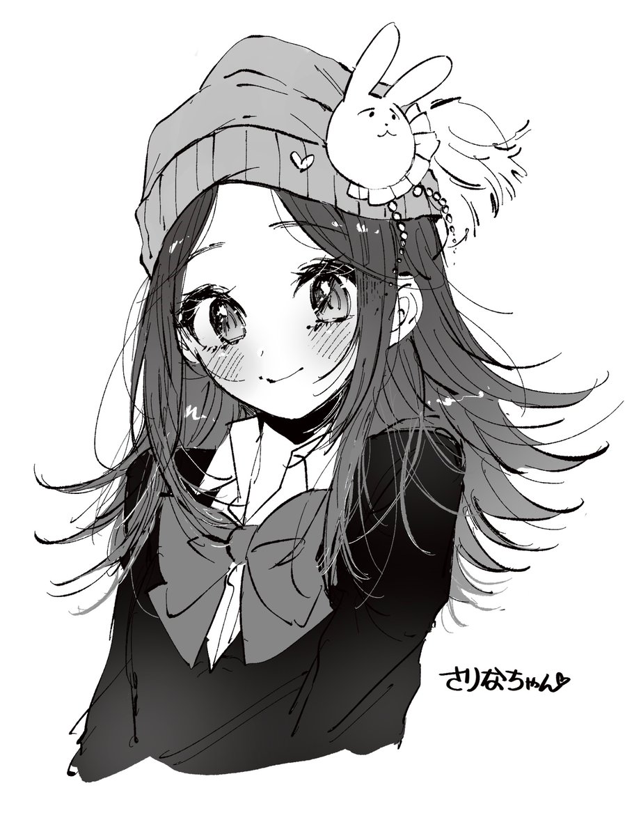1girl am_pokeball99 beanie blush bow bowtie character_name closed_mouth collared_shirt commentary_request cropped_torso dress_shirt greyscale hat highres loli long_hair looking_at_viewer monochrome nonamethanks_is_a_faggot oshi_no_ko rabbit_hat_ornament rumic_0620 shirt sidelocks simple_background smile solo sweater tendouji_sarina translated upper_body
