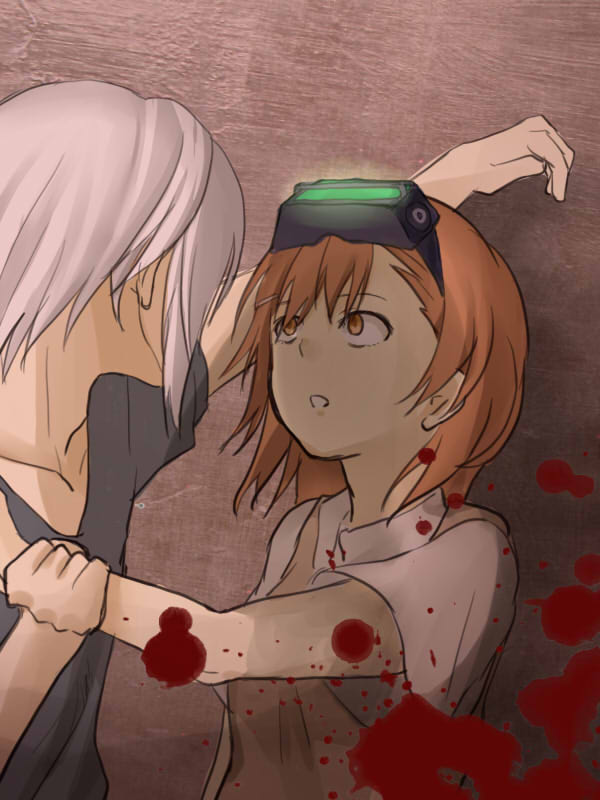 1boy 1girl accelerator_(toaru_majutsu_no_index) against_wall albino bare_arms black_shirt blood blood_splatter brown_eyes brown_hair brown_sweater brown_sweater_vest brown_vest collared_shirt commentary_request empty_eyes from_behind glowing goggles goggles_on_head hair_ornament hairpin holding_another's_wrist looking_at_another medium_bangs medium_hair misaka_imouto negiko123123 night_vision_device parted_lips school_uniform shirt short_sleeves sleeveless sleeveless_sweater summer_uniform sweater sweater_vest toaru_majutsu_no_index toaru_majutsu_no_index:_old_testament tokiwadai_school_uniform vest white_hair white_shirt