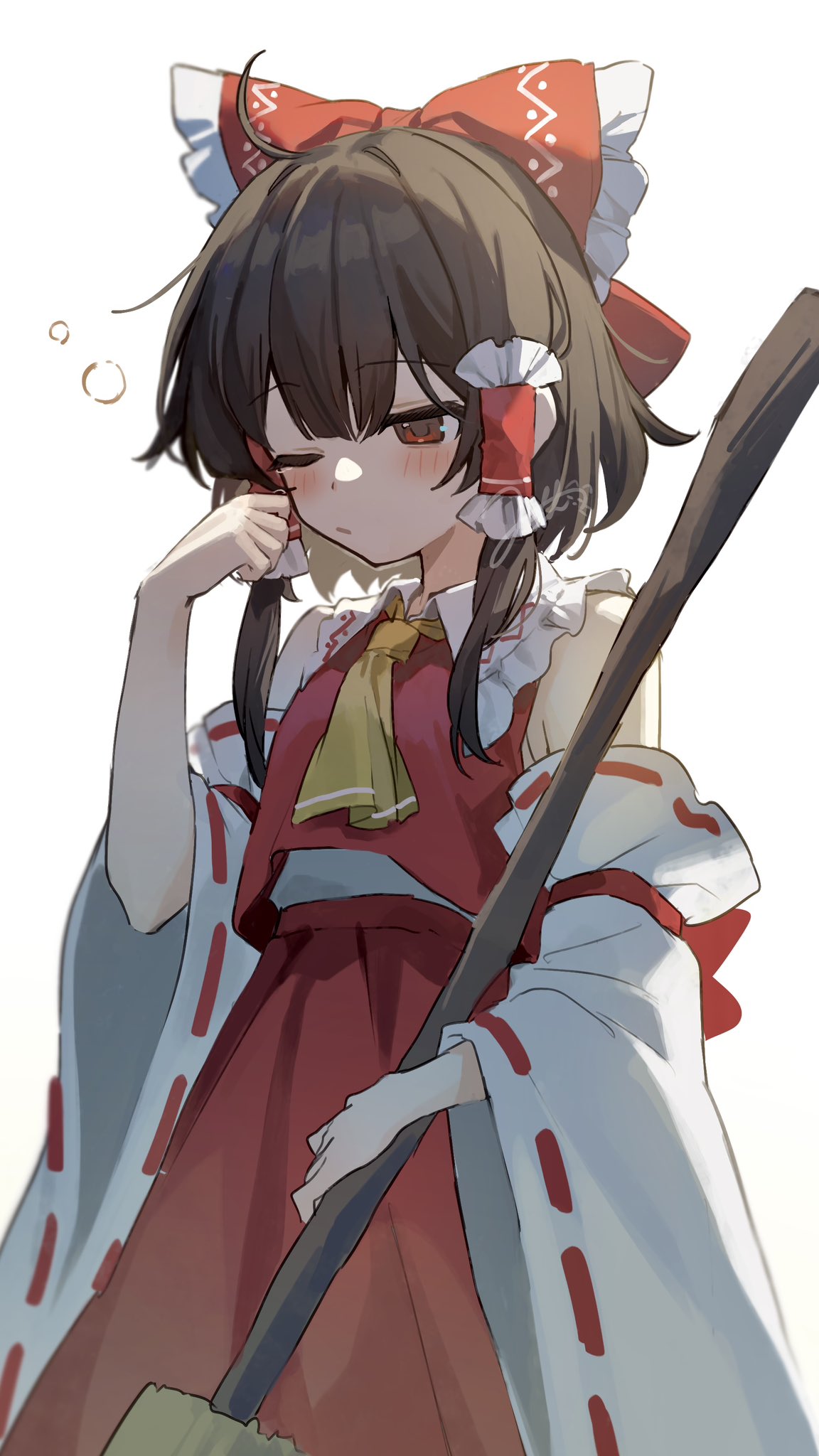 1girl ascot bare_shoulders blush bow broom brown_hair bubble collar collared_shirt cowboy_shot detached_sleeves frilled_bow frilled_collar frilled_hair_tubes frills hair_bow hair_tubes hakurei_reimu hand_up highres holding holding_broom jill_07km long_sleeves medium_hair messy_hair one_eye_closed print_bow print_collar red_bow red_eyes red_shirt red_skirt ribbon-trimmed_sleeves ribbon_trim shirt sidelocks simple_background skirt solo touhou white_background wide_sleeves yellow_ascot