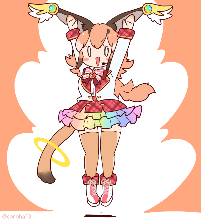 angel angel_wings animal_ears arms_up boots bow bowtie caracal_(kemono_friends) cat_ears cat_girl cat_tail coroha extra_ears full_body gloves jacket jumping kemono_friends kemono_friends_v_project long_hair microphone orange_hair shirt skirt tail thigh-highs virtual_youtuber wings