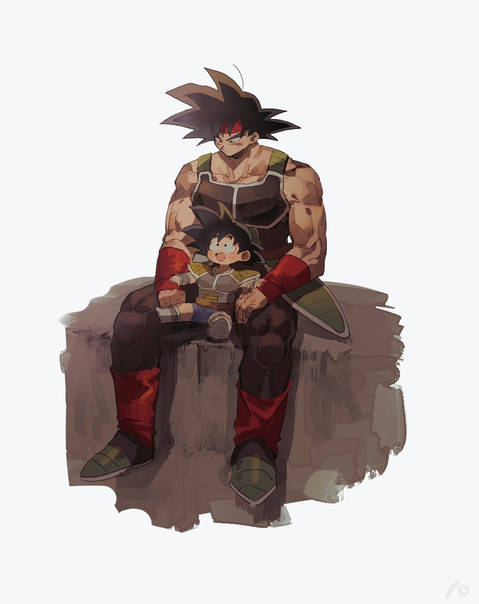 2boys :d bardock black_eyes black_hair blush dougi dragon_ball dragon_ball_z father_and_son faux_figurine full_body happy headband highres looking_at_another male_focus multiple_boys muscular muscular_male nikudoku on_ground saiyan_armor short_hair simple_background sitting sitting_on_lap sitting_on_person smile son_goku spiky_hair thick_eyebrows wristband