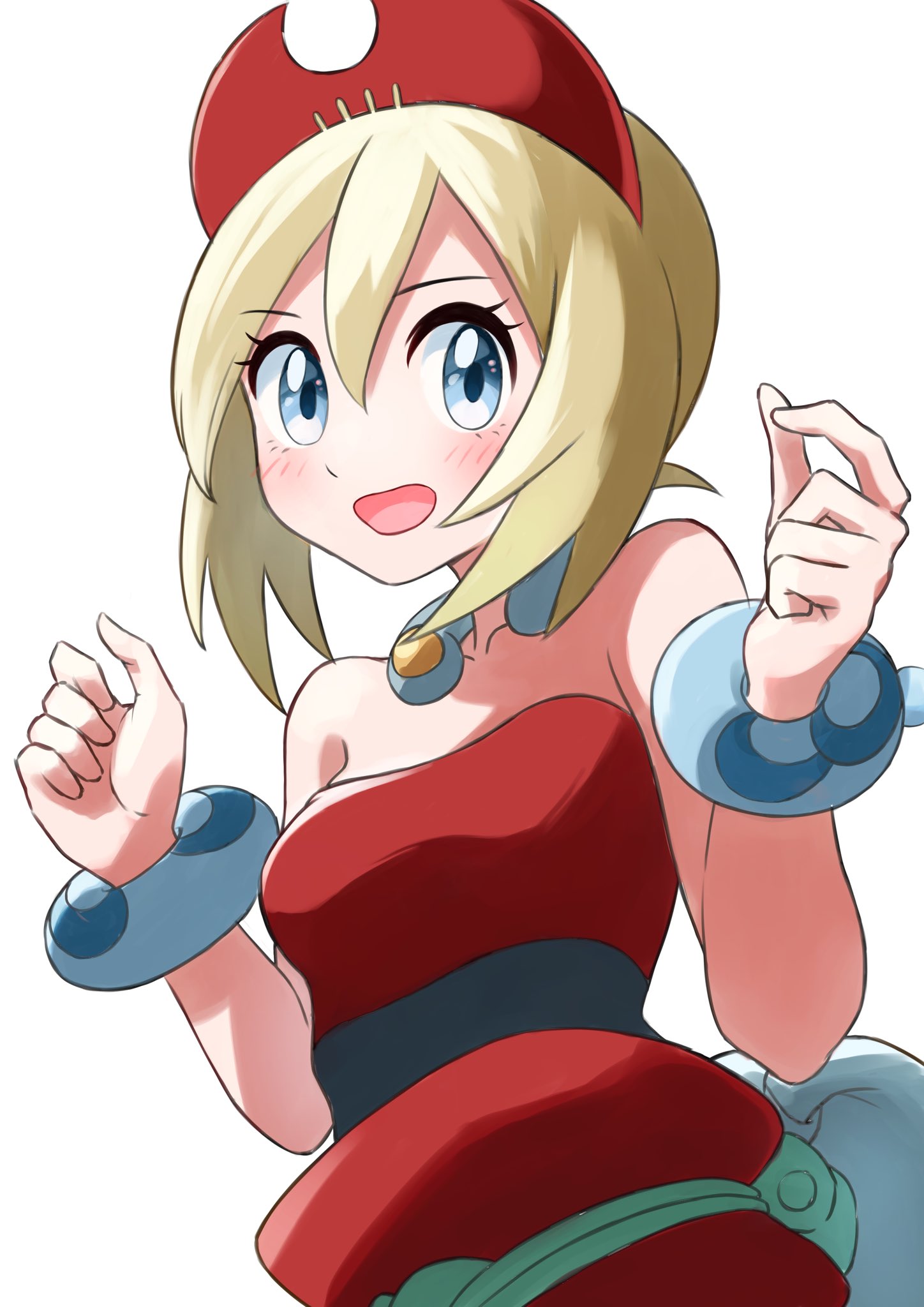 1girl bare_arms bare_shoulders black_sash blonde_hair blue_eyes bracelet breasts collar hair_between_eyes hairband highres irida_(pokemon) jewelry medium_breasts mikan_(mikan_no_happa) neck_ring pearl_clan_outfit pokemon pokemon_legends:_arceus red_hairband red_shirt sash shirt short_hair shorts solo strapless strapless_shirt waist_cape white_shorts