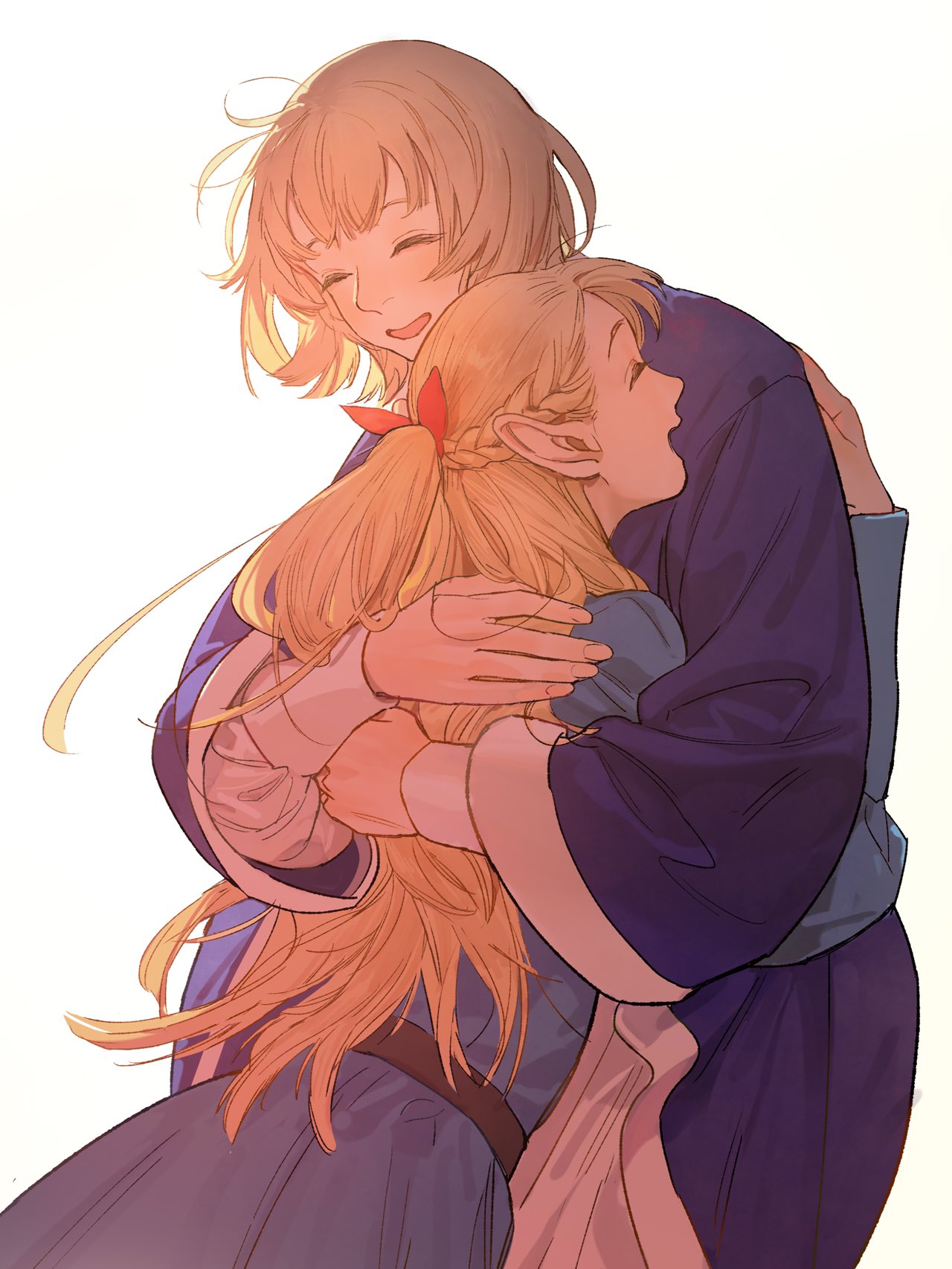 2girls blonde_hair blue_dress blue_robe braid closed_eyes commentary dress dungeon_meshi falin_thorden french_braid grey_hair hair_ribbon hands_on_another's_back hashtag_only_commentary highres hug long_sleeves marcille_donato medium_hair multiple_girls open_mouth red_ribbon ribbon robe shirt simple_background smile tanjiu upper_body white_background white_shirt