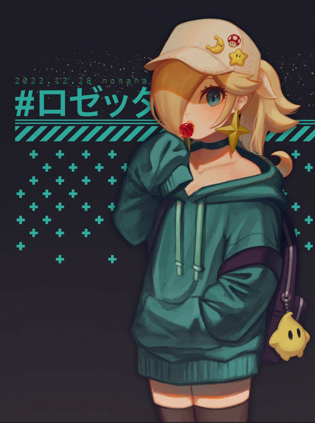 1girl :o aqua_eyes aqua_hoodie artist_name backpack bag bag_charm bare_shoulders baseball_cap black_background black_bag black_choker black_thighhighs blonde_hair blush candy character_charm character_name charm_(object) choker collarbone commentary_request cowboy_shot crescent dated drawstring earrings eyelashes food gradient_background hair_over_one_eye hand_in_pocket hand_up hashtag hat hat_ornament high_ponytail highres holding holding_candy holding_food holding_lollipop hood hood_down hoodie jewelry lips lollipop long_hair long_sleeves looking_at_viewer luma_(mario) nonana_(galaxycat89p13) off_shoulder one_eye_covered open_mouth parted_bangs ponytail power_moon rosalina sidelocks simple_background sleeves_past_fingers sleeves_past_wrists solo standing star_(symbol) star_earrings super_mario_bros. super_mushroom super_star_(mario) swept_bangs thigh-highs white_headwear
