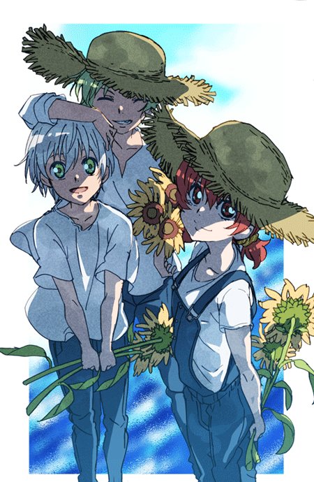 1girl 2boys character_request closed_mouth denim flower fumiko_(mesushi) green_eyes green_hair hat iria_animi jeans looking_at_viewer multiple_boys open_mouth pants red_eyes redhead ruca_milda short_hair smile straw_hat sunflower suspenders tales_of_(series) tales_of_innocence white_hair