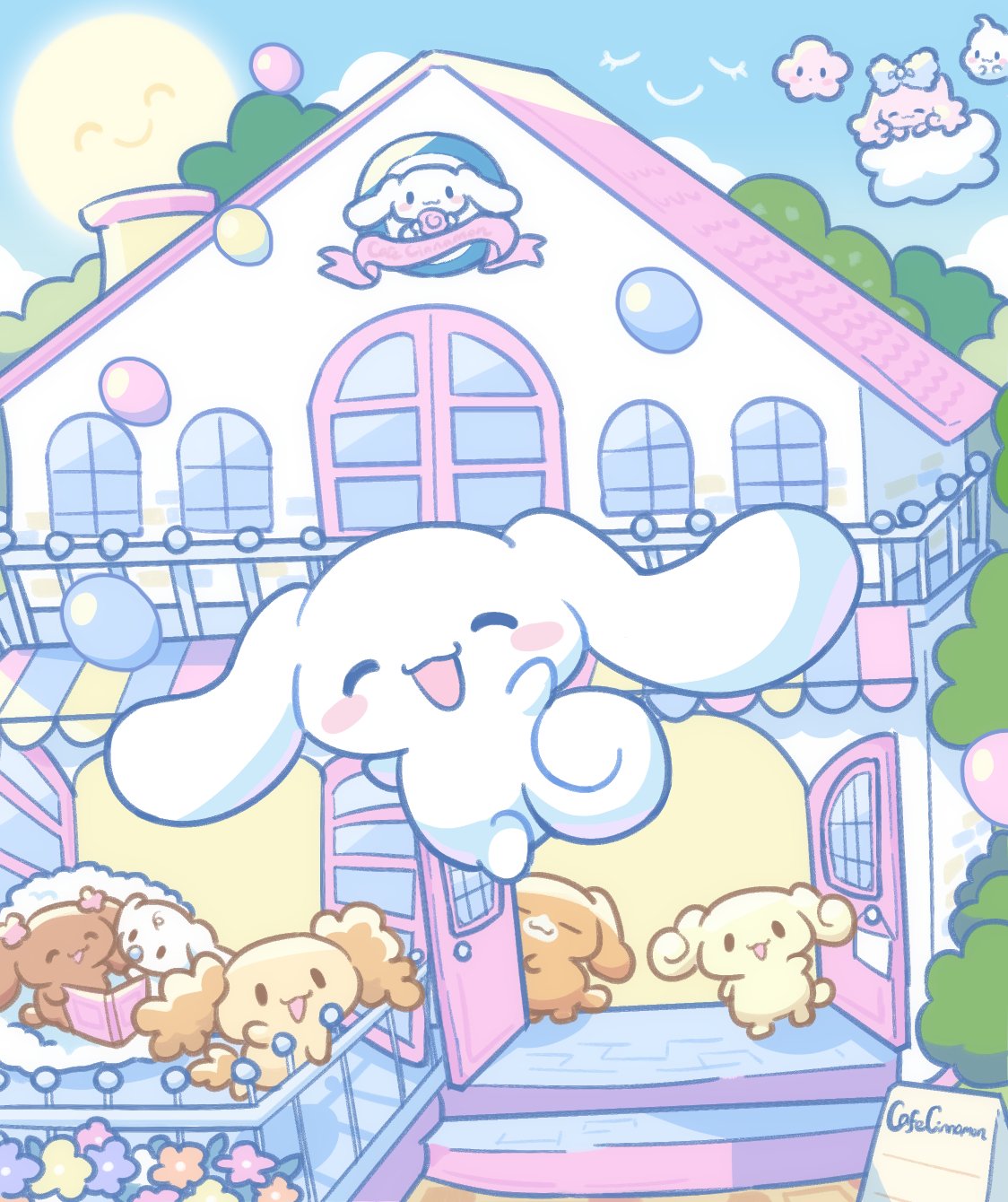 1boy :3 balloon blush blush_stickers cafe cinnamoroll closed_eyes closed_mouth clouds curled_tail dog flower highres jumping long_hair loveycloud multiple_others open_mouth sanrio sign sun tail tree waving white_dog