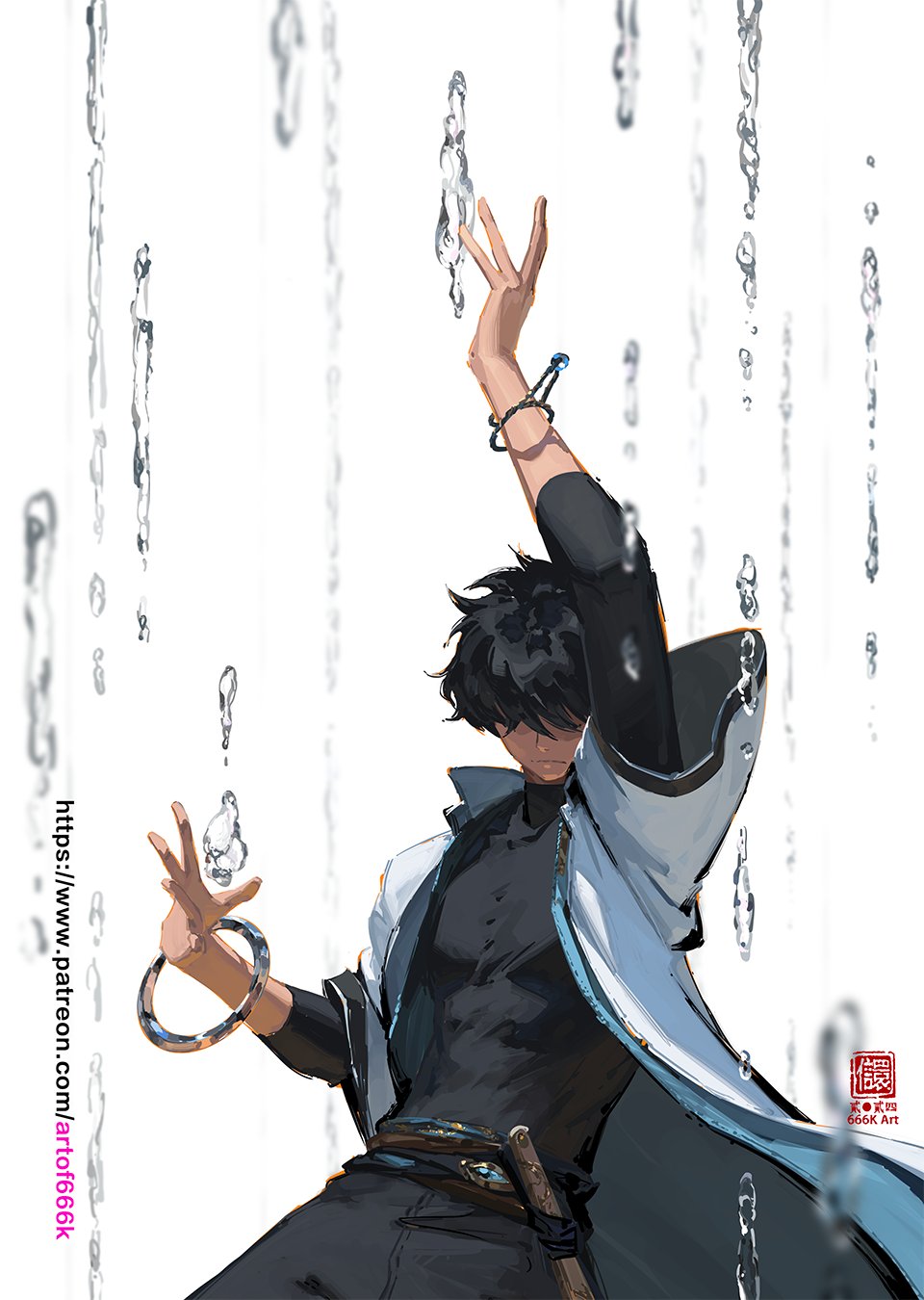 1boy arm_up artist_name black_hair black_pants black_shirt bracelet coat hair_over_eyes hand_up highres hydrokinesis jewelry kan_liu_(666k) layered_sleeves long_bangs long_sleeves male_focus open_clothes open_coat original pants patreon_username seal_impression shaded_face shirt short_hair short_over_long_sleeves short_sleeves signature sleeves_past_elbows solo tight_clothes tight_shirt toned toned_male upper_body water white_coat