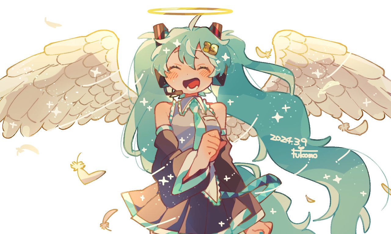 1girl 39 ^_^ ahoge angel_wings aqua_hair aqua_nails artist_name black_skirt black_sleeves blush closed_eyes closed_mouth collared_shirt commentary dated detached_sleeves feathers flower fukomo grey_shirt hair_between_eyes hair_flower hair_ornament halo hatsune_miku headphones headset lower_teeth_only miku_day number_hair_ornament open_mouth pleated_skirt shirt skirt sleeveless sleeveless_shirt solo symbol-only_commentary teeth tongue twintails very_long_sleeves vocaloid white_background wings