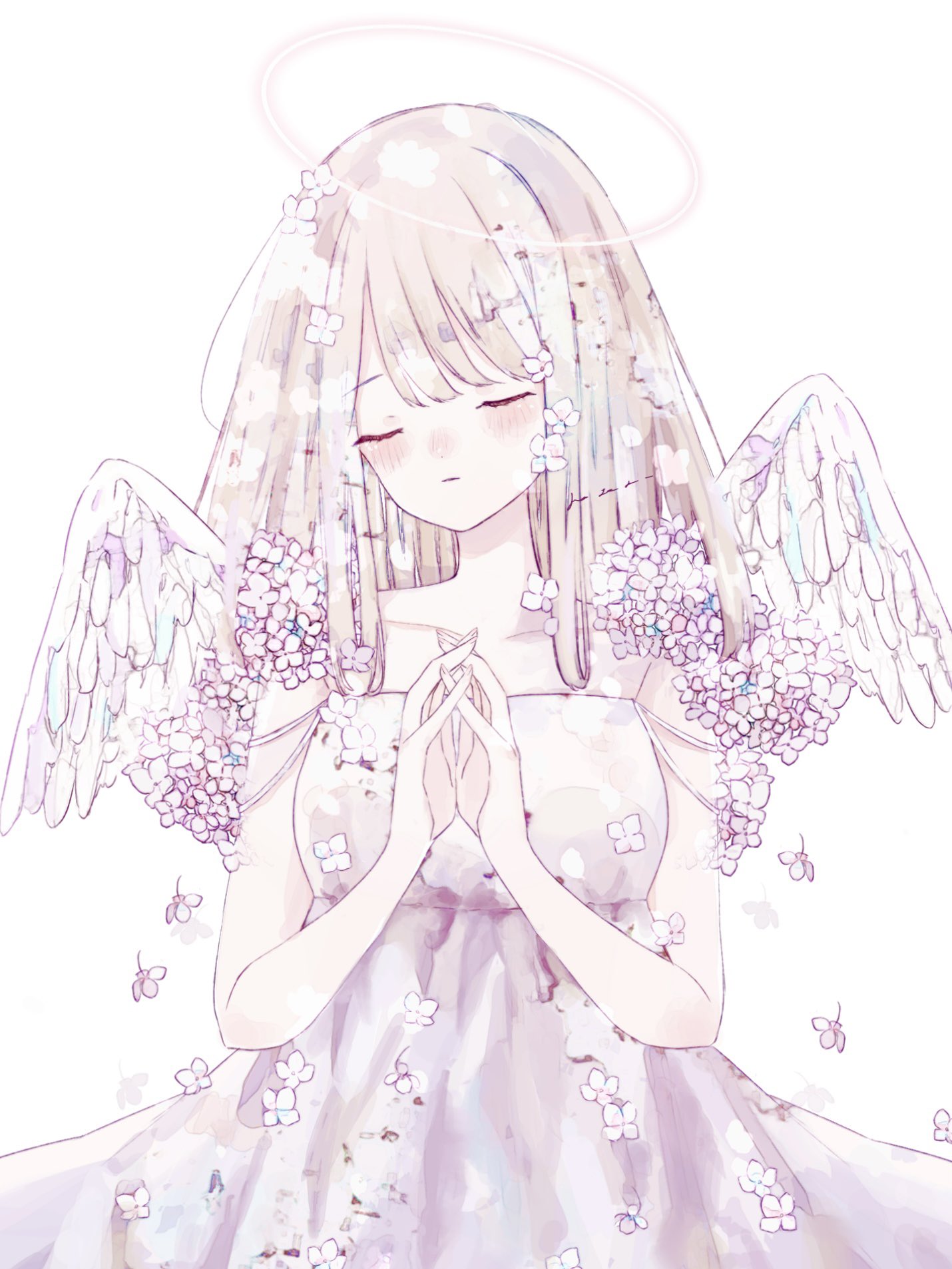 1girl angel angel_wings bare_arms bare_shoulders blush closed_eyes closed_mouth collarbone dress facing_viewer feathered_wings flower hair_flower hair_ornament halo highres kotono_n0 long_hair original own_hands_together pink_flower simple_background sleeveless sleeveless_dress solo upper_body white_background white_dress white_flower white_wings wings