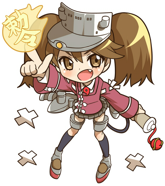 1girl black_skirt blush brown_eyes brown_hair chibi fang full_body hair_between_eyes hat holding holding_scroll index_finger_raised japanese_clothes kantai_collection kariginu long_hair long_sleeves looking_at_viewer magatama miniskirt onmyouji open_mouth pleated_skirt rigging rudder_footwear ryuujou_(kancolle) scroll shikigami simple_background skirt solo standing twintails uousa-ou visor_cap white_background