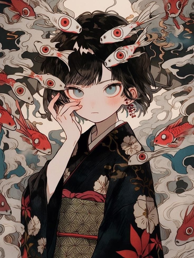 1girl ai-generated aqua_eyes artist_request bad_source black_hair black_kimono fish flower flying_fish frown hand_on_own_cheek hand_on_own_face japanese_clothes kimono koi leaf looking_at_viewer maple_leaf medium_hair original sleeves_past_elbows smoke upper_body white_background white_flower