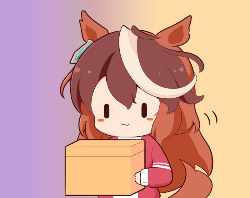 1girl :3 animal_ears blush_stickers box brown_background brown_hair chibi closed_mouth gomashio_(goma_feet) gradient_background hair_between_eyes holding holding_box horse_ears horse_girl horse_tail jacket long_hair long_sleeves motion_lines multicolored_hair puffy_long_sleeves puffy_sleeves purple_background red_jacket solo streaked_hair symboli_rudolf_(umamusume) tail track_jacket two-tone_hair umamusume very_long_hair white_hair |_|