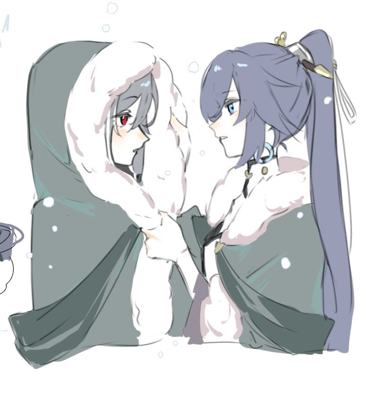 adjusting_another's_clothes bird_hair_ornament blue_eyes blue_hair cape china_dress chinese_clothes cold dress earrings fu_hua fu_hua_(azure_empyrea) fu_hua_(herrscher_of_sentience) fur-trimmed_cape fur-trimmed_hood fur_trim green_hoodie grey_hair grin hair_between_eyes hair_ornament hair_over_one_eye hairpin hanfu high_ponytail honkai_(series) honkai_impact_3rd hood hooded_cape hoodie jewelry long_hair looking_at_another multicolored_hair paintbrush paintbrush_hair_ornament parted_lips ponytail red_eyes sho_2nini simple_background single_earring smile snowing streaked_hair tassel tassel_earrings white_background white_dress white_hair white_hanfu yellow_pupils