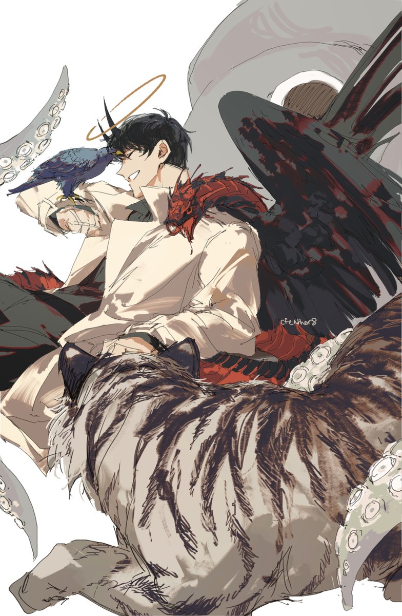 1boy animal_on_arm bird bird_on_arm black_hair black_pants cfeather8 closed_eyes coat grin halo highres horns kim_dokja male_focus monster omniscient_reader's_viewpoint open_clothes open_coat pants short_hair simple_background smile solo tiger white_background white_coat
