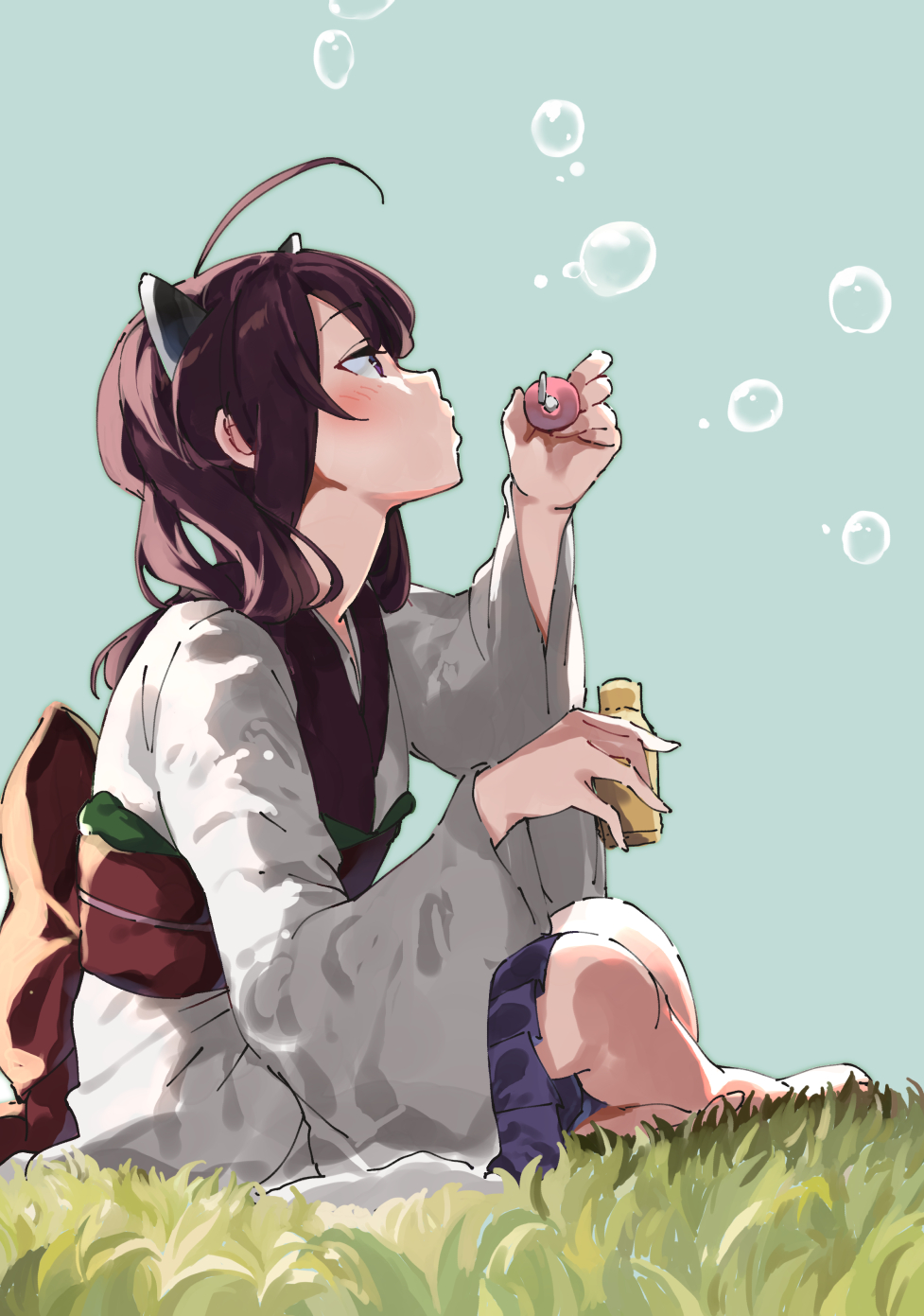 1girl ahoge blue_skirt blue_sky blush bottle brown_eyes brown_hair bubble_blowing bubble_wand commentary_request day headgear highres holding holding_bottle japanese_clothes kimono lamb_(hitsujiniku) long_hair long_sleeves obi on_grass outdoors pleated_skirt profile sash skirt sky soap_bubbles solo touhoku_kiritan twintails voiceroid white_kimono wide_sleeves