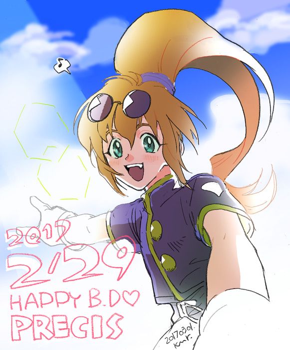 1girl :d brown_hair clouds dated eyewear_on_head gloves green_eyes happy_birthday kanmi_(semesa) long_hair looking_at_viewer open_mouth ponytail precis_neumann smile solo star_ocean star_ocean_the_second_story