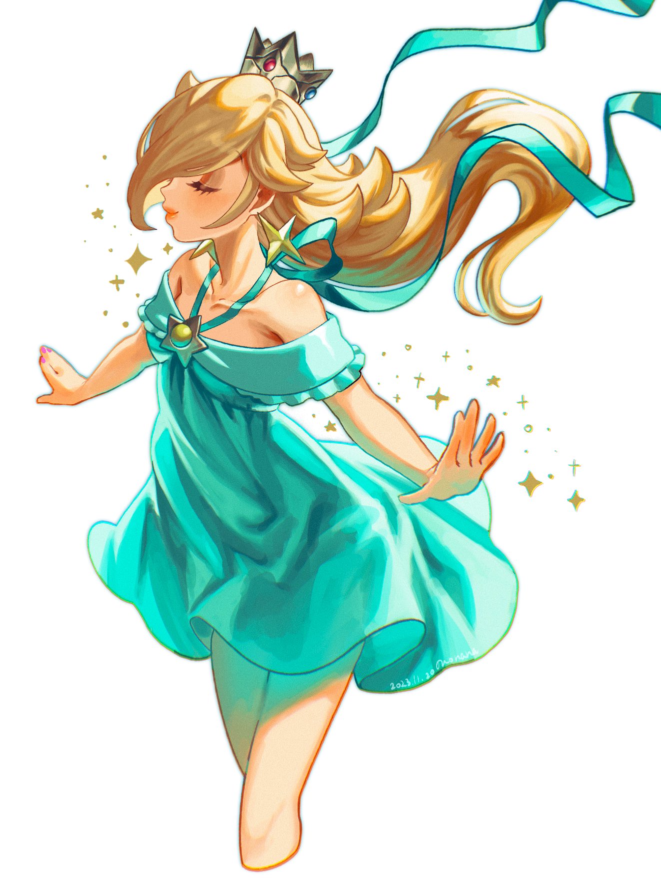 1girl aqua_dress aqua_ribbon artist_name bare_shoulders blonde_hair blush brooch closed_eyes closed_mouth collarbone commentary cropped_legs crown dated dress earrings english_commentary eyelashes floating hair_over_one_eye highres jewelry lips long_hair mini_crown nonana_(galaxycat89p13) off-shoulder_dress off_shoulder one_eye_covered outstretched_arms parted_bangs ribbon rosalina short_dress sidelocks signature simple_background smile solo sparkle spread_arms star_(symbol) star_brooch star_earrings super_mario_bros. swept_bangs white_background wind