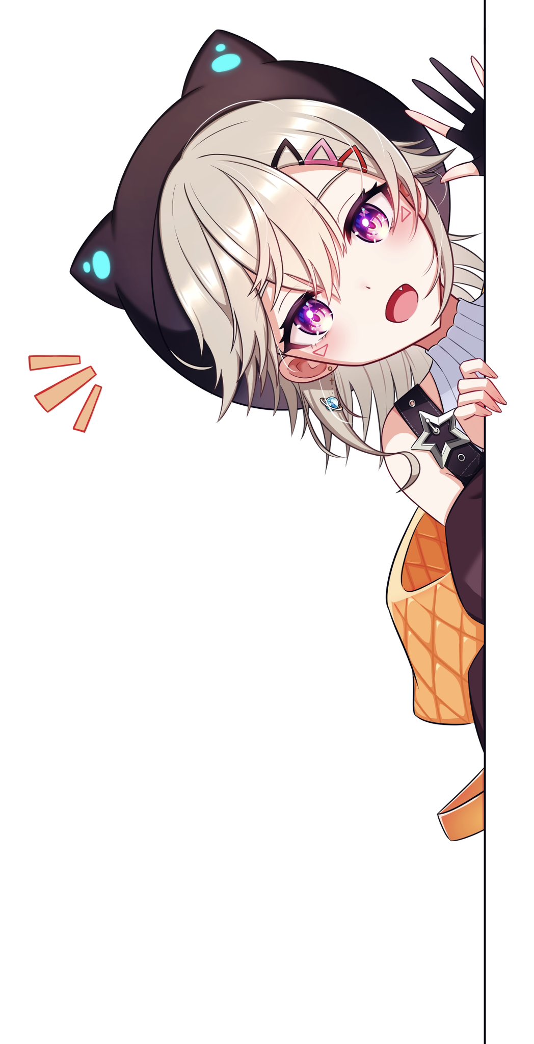 1girl double-parted_bangs fang gegege_(kuragedazo) gloves grey_hair hair_ornament hairclip hat hat_with_ears highres jacket komori_met looking_at_viewer medium_hair notice_lines open_mouth orange_jacket partially_fingerless_gloves peeking_out planet_earrings simple_background single_glove smile solo triangle_facial_mark violet_eyes virtual_youtuber vspo! waving white_background