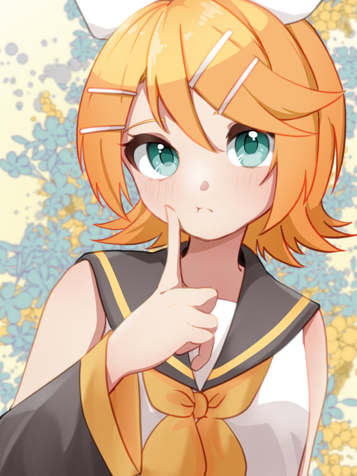 1girl :t aqua_eyes bare_shoulders black_sleeves blonde_hair bow detached_sleeves eshe_mr finger_to_cheek flat_chest floral_background hair_bow hair_ornament hairclip highres kagamine_rin light_blush looking_at_viewer neckerchief shirt short_hair sleeveless sleeveless_shirt solo upper_body vocaloid white_bow white_shirt yellow_neckerchief