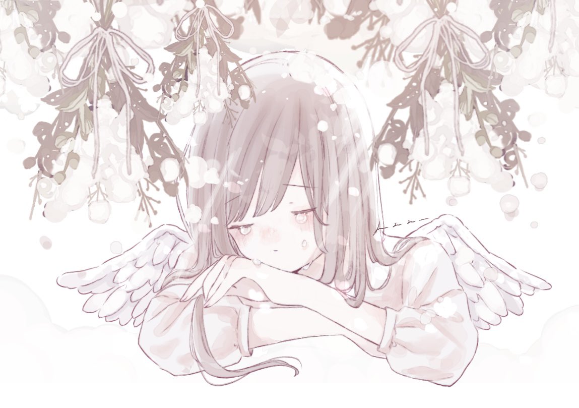1girl angel_wings blush brown_hair closed_eyes closed_mouth cropped_torso crossed_arms crying feathered_wings flower head_rest kotono_n0 leaf light_blush long_hair long_sleeves original shirt solo tears upper_body white_background white_flower white_shirt white_wings wings