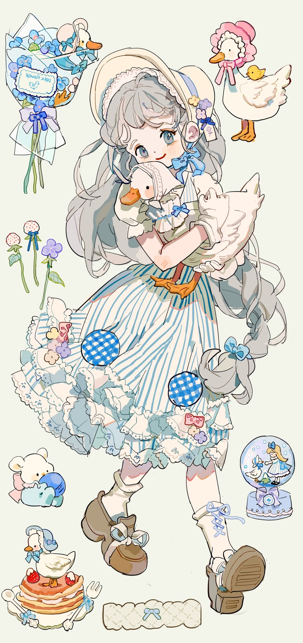 1girl animal bird black_footwear blue_bow blue_dress blue_eyes blue_flower blue_ribbon blush_stickers bonnet bouquet bow bow_legwear bowtie braid brown_footwear cake closed_mouth dress duck duckling eyelashes flower food footwear_bow fork frilled_dress frilled_sleeves frills fruit full_body gloves grey_eyes grey_hair hair_flower hair_ornament hat hat_flower highres holding holding_animal lace_trim layered_dress loafers lolita_fashion long_hair looking_at_viewer makeup mary_janes open_mouth original plate puffy_short_sleeves puffy_sleeves purple_flower putong_xiao_gou red_lips ribbon shoes short_sleeves simple_background smile snow_globe socks solo striped_clothes striped_dress stuffed_toy vertical-striped_clothes vertical-striped_dress very_long_hair white_flower white_gloves white_headwear white_socks