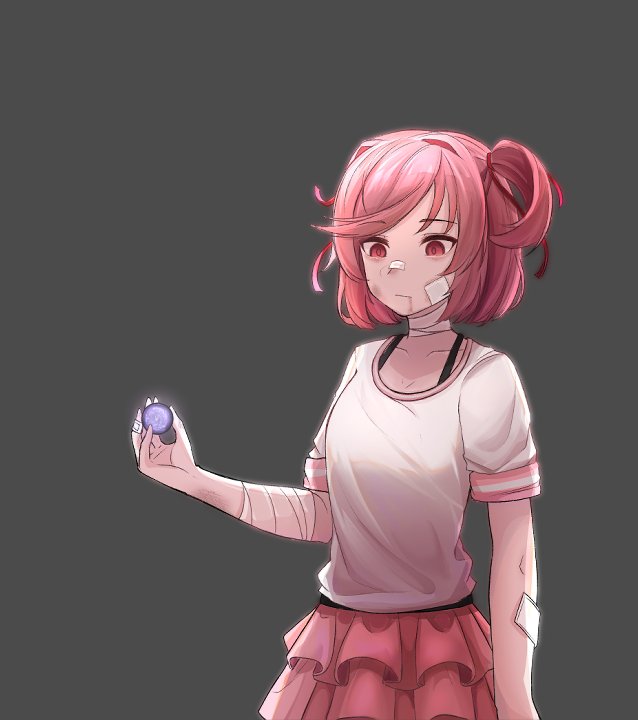 1girl arm_at_side ball bandaged_arm bandages bandaid bandaid_on_arm bandaid_on_face bandaid_on_hand bandaid_on_nose blood blood_from_mouth bra_strap closed_mouth collarbone commentary commission doki_doki_literature_club empty_eyes expressionless frilled_skirt frills grey_background hand_up himalay39535136 holding holding_ball injury looking_afar marble_(toy) natsuki_(doki_doki_literature_club) pink_eyes pink_hair pink_shirt pink_skirt second-party_source shirt short_sleeves simple_background skirt solo two-tone_shirt two_side_up upper_body white_shirt