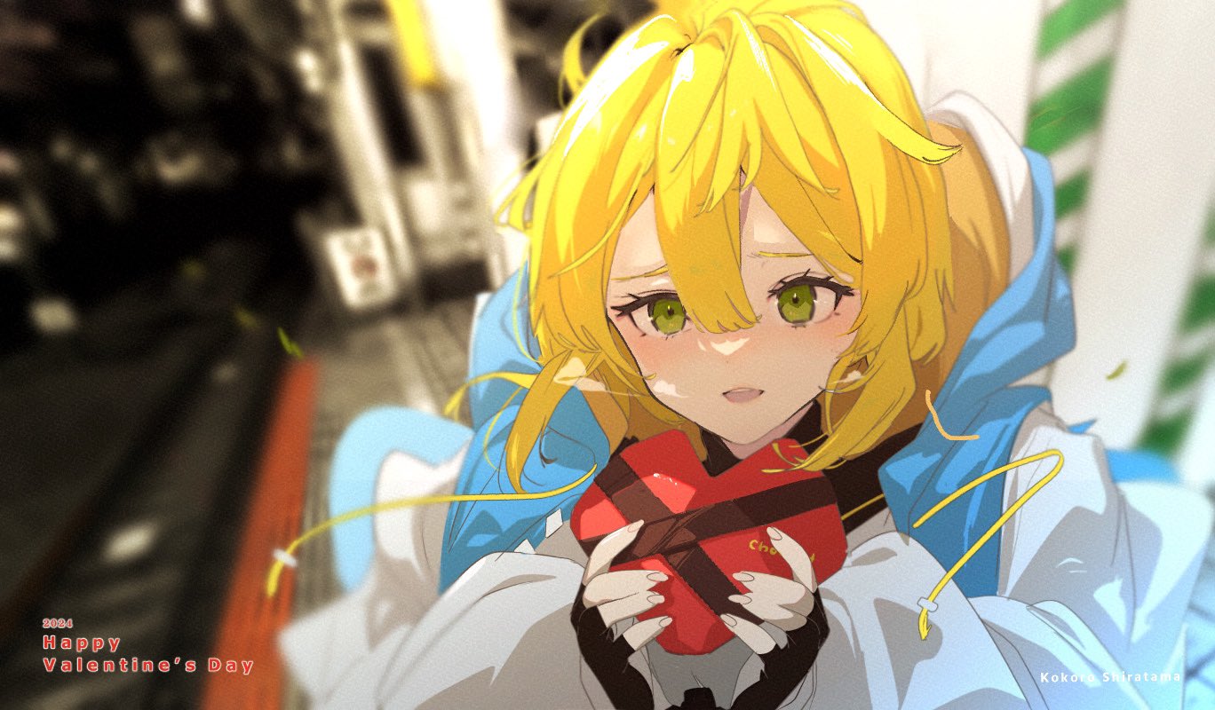 1girl black_gloves blonde_hair blush box box_of_chocolates bridget_(guilty_gear) female_focus fingerless_gloves gift gloves green_eyes guilty_gear guilty_gear_strive happy_valentine heart-shaped_box holding holding_gift hood hooded_jacket hoodie jacket kokorokoko00 long_sleeves looking_at_viewer medium_hair open_clothes open_hoodie open_mouth smile