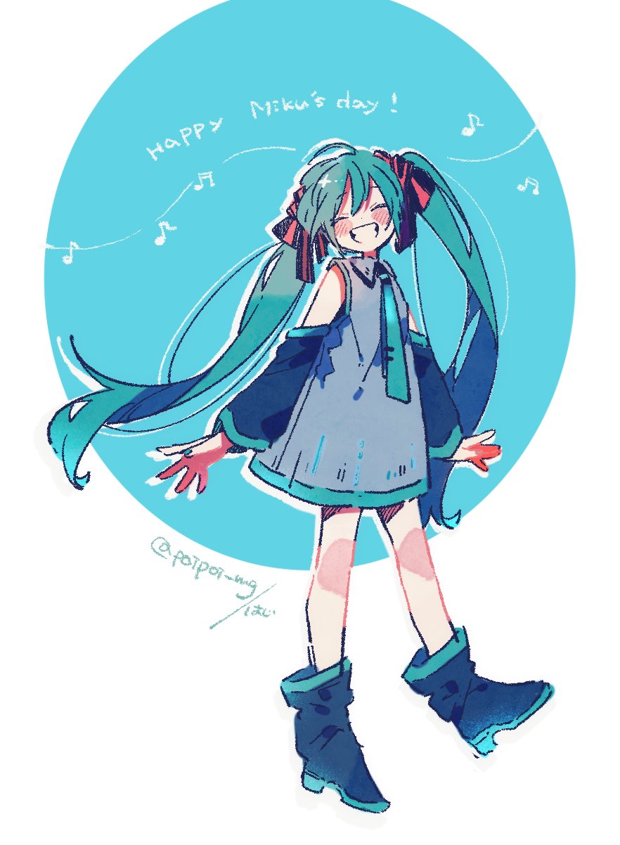 1girl blue_hair blush boots bow closed_eyes collared_dress commentary_request detached_sleeves dress facing_viewer full_body grin hair_bow hatsune_miku hazime highres long_hair long_sleeves miku_day musical_note nail_polish necktie sleeveless sleeveless_dress smile solo twintails very_long_hair vocaloid