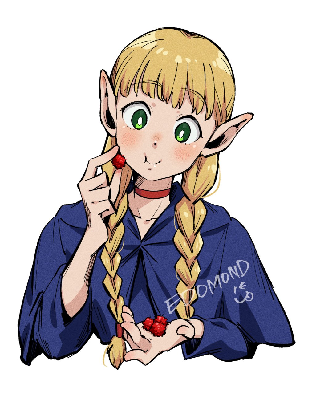 1girl artist_name berry blonde_hair blue_robe braid choker dungeon_meshi edomon-do elf food green_eyes highres holding holding_food hooded_robe long_hair marcille_donato pointy_ears red_choker robe simple_background solo twin_braids twintails white_background